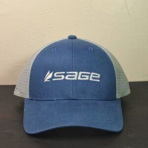 Sage Flyfishing Mesh Trucer Hat Cap Snap Back Blue White Embroidered Spell Out
